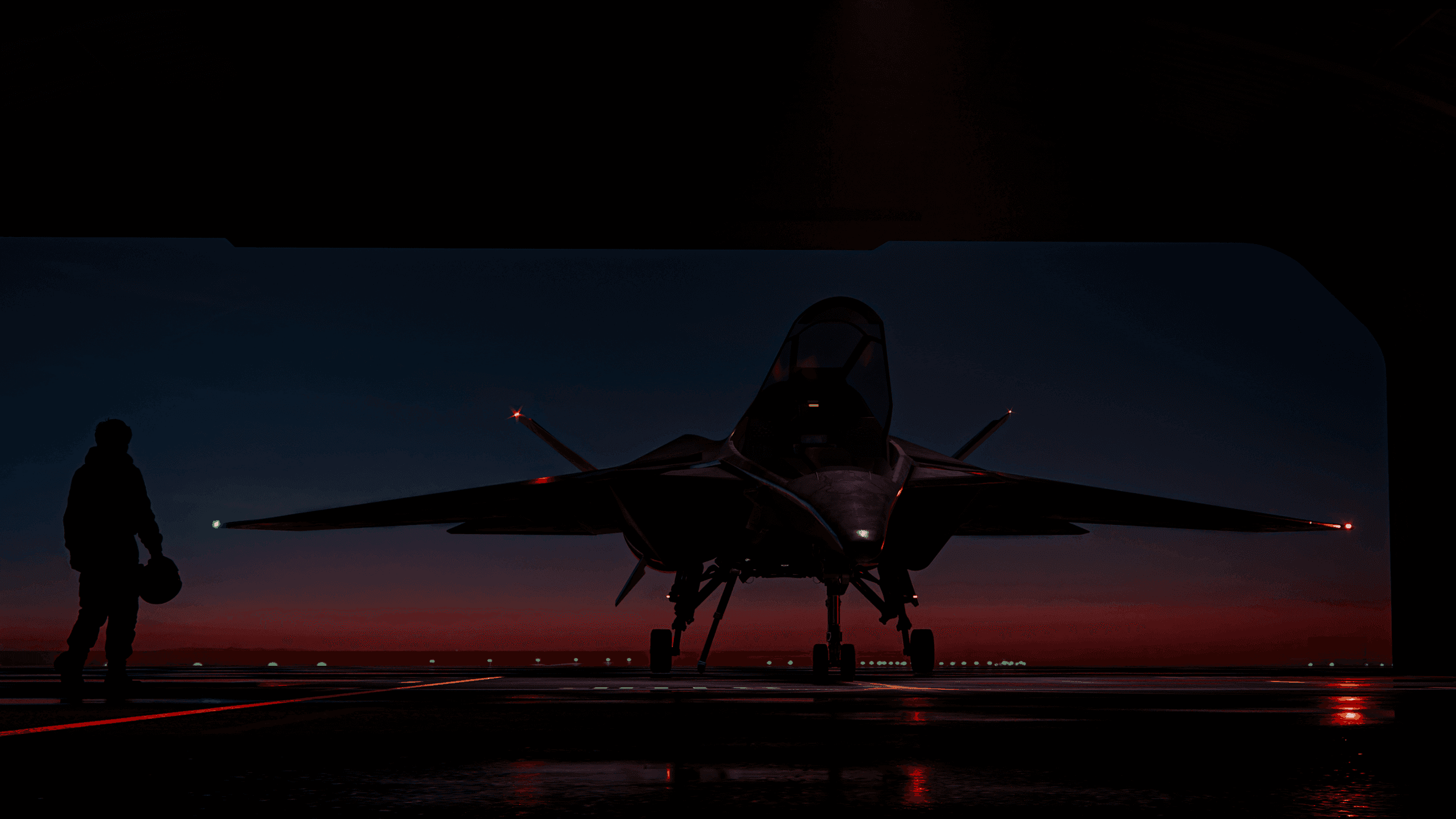 A pilot walking out to a waiting fighter at dusk